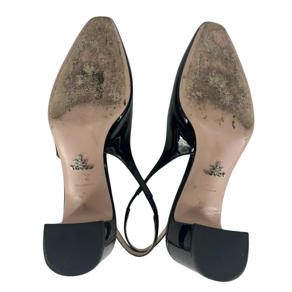 Prada Triangle‎ Logo Patent Leather Slingback Pumps Black 40